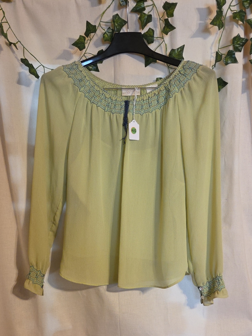 Lucy Paris Light Green Smocked Peasant Blouse
